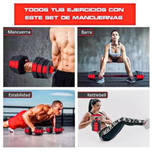 Set Mancuernas Ajustables 15kg 3 En 1 + Barra + Kettlebell - Negro - Imagen 4